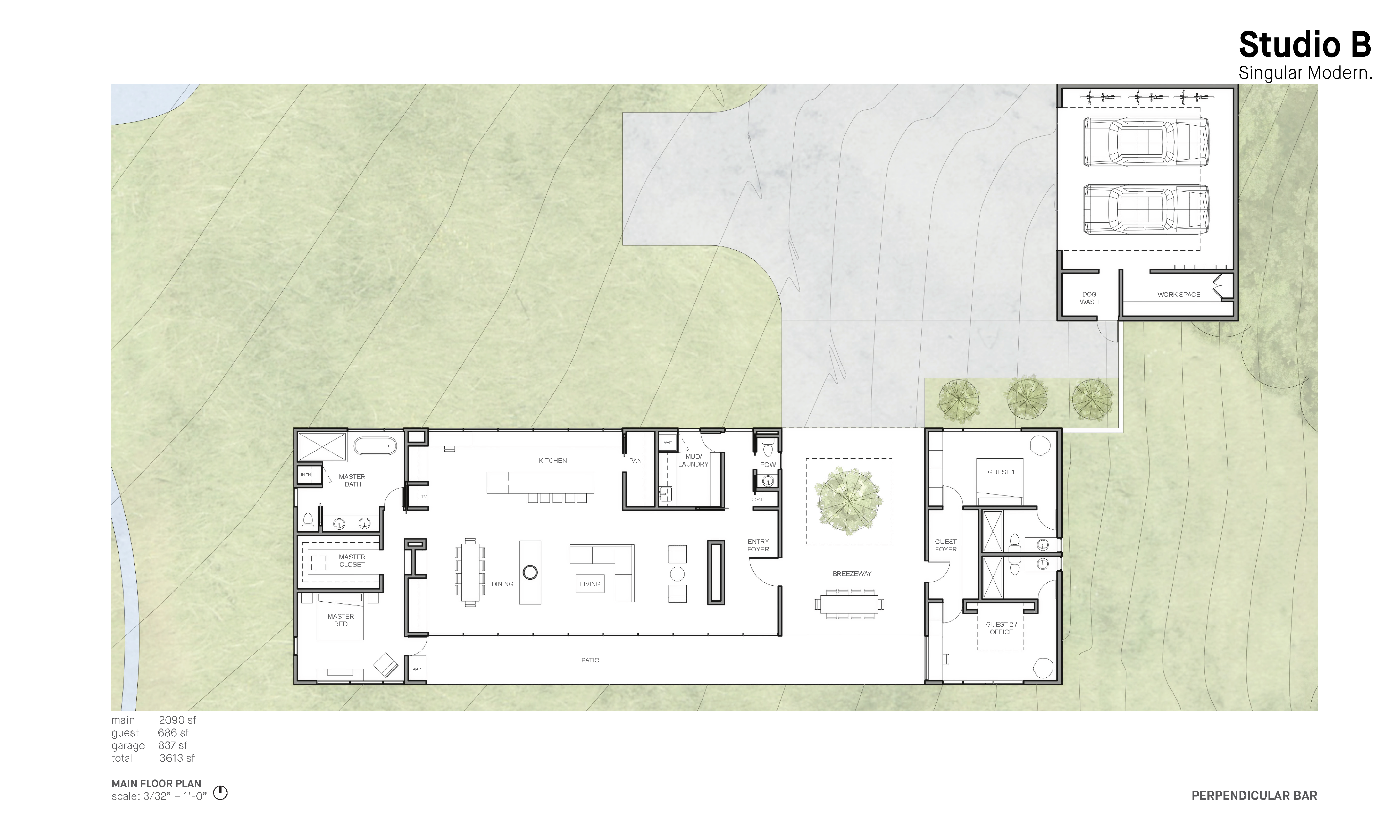 Main floor plan illustrating linear organization, courtyard connection, and orientation to light and views at Snowmass Creek.