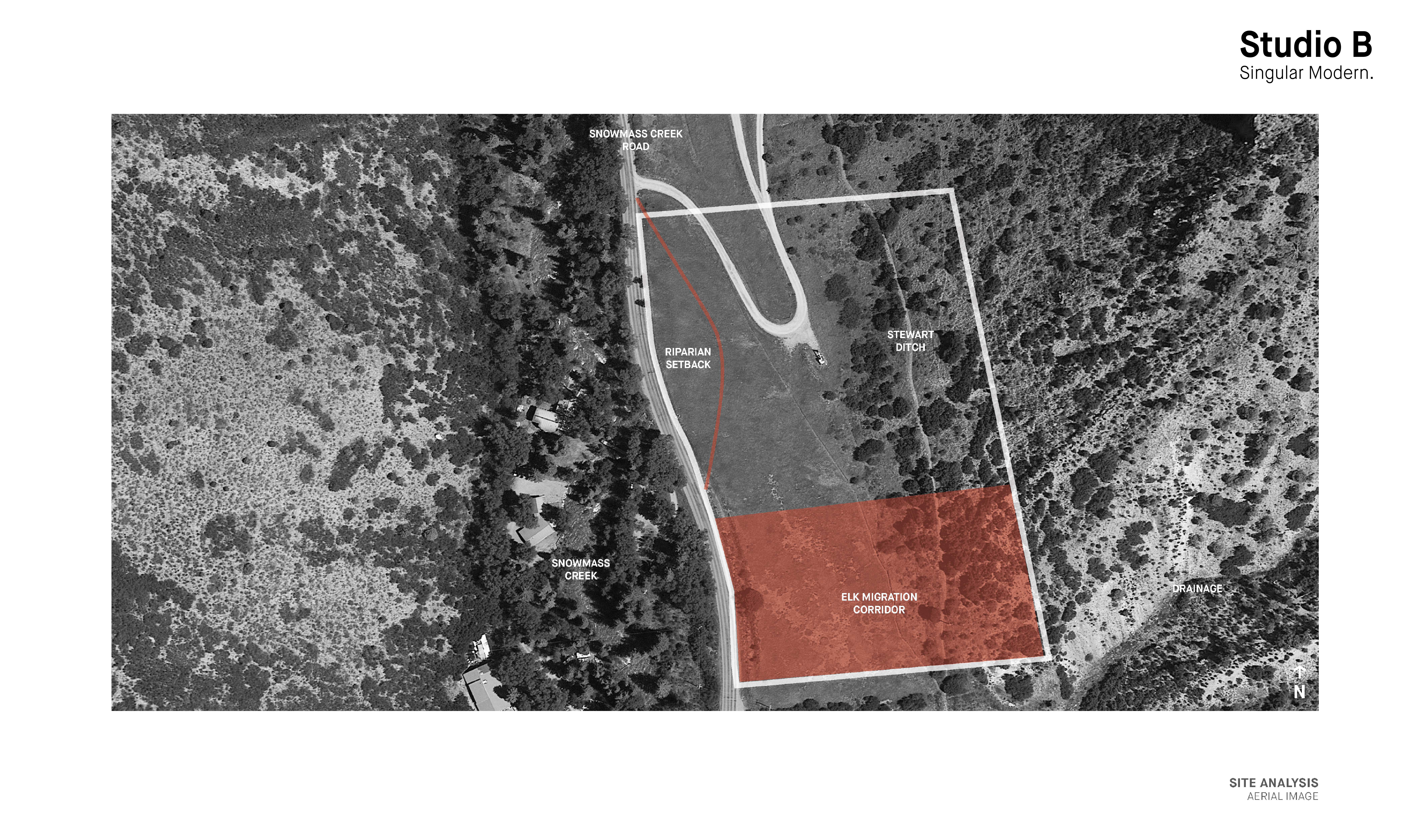 Annotated site plan of Snowmass Creek highlighting riparian setback, elk migration corridor, drainage patterns, and buildable area.