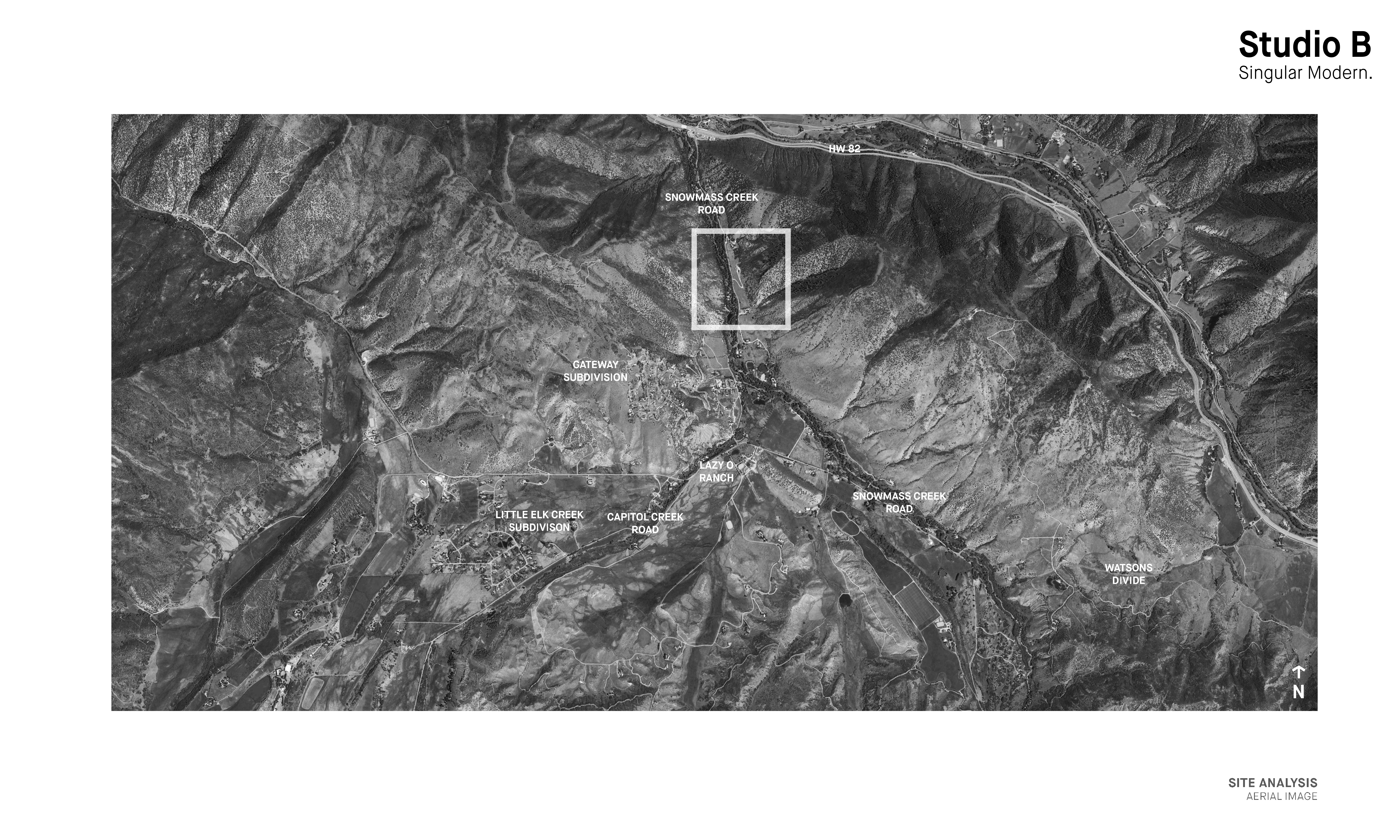 Aerial site analysis of Snowmass Creek showing regional context, surrounding topography, and project location within the valley.