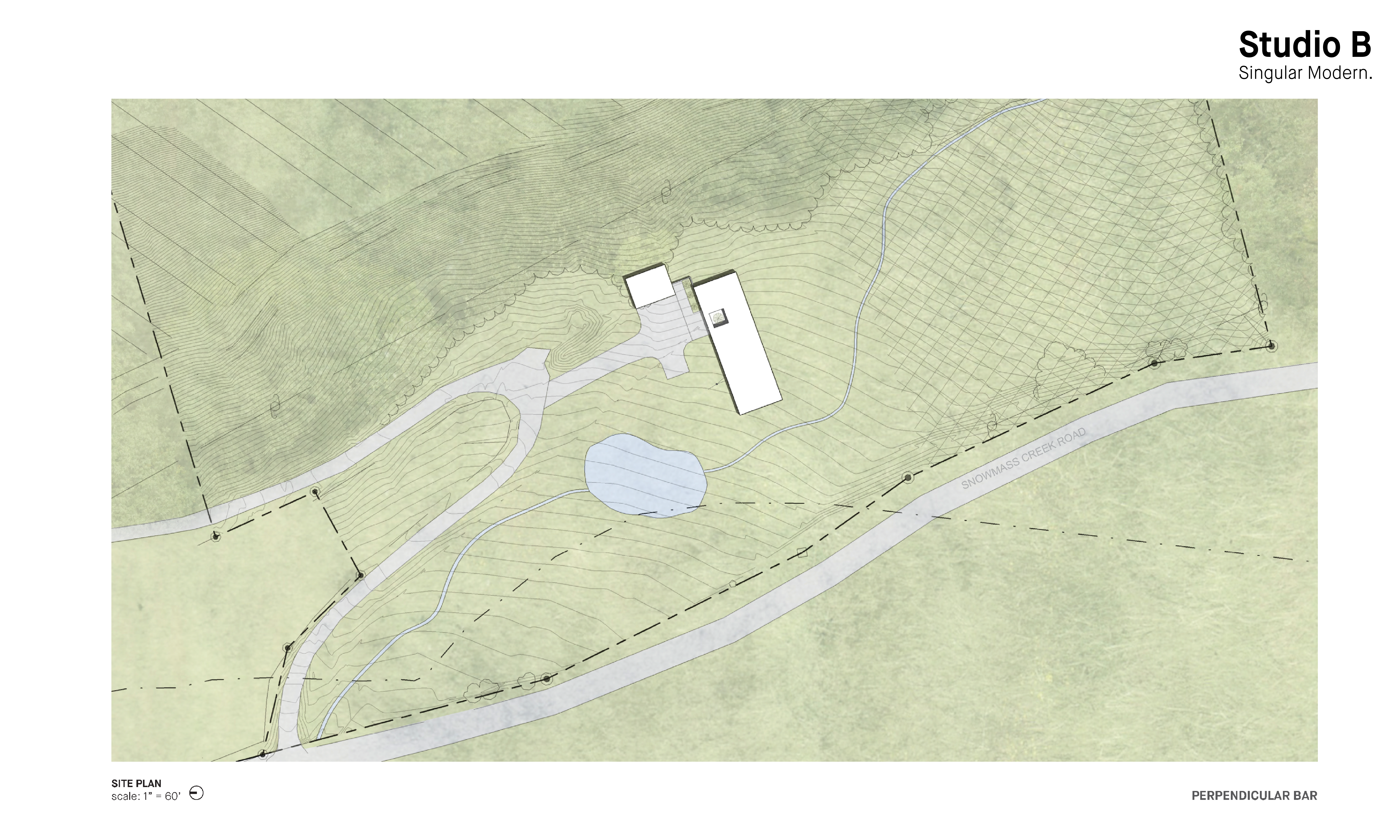 Architectural site plan showing building orientation, access, pond, and relationship to topography at Snowmass Creek.