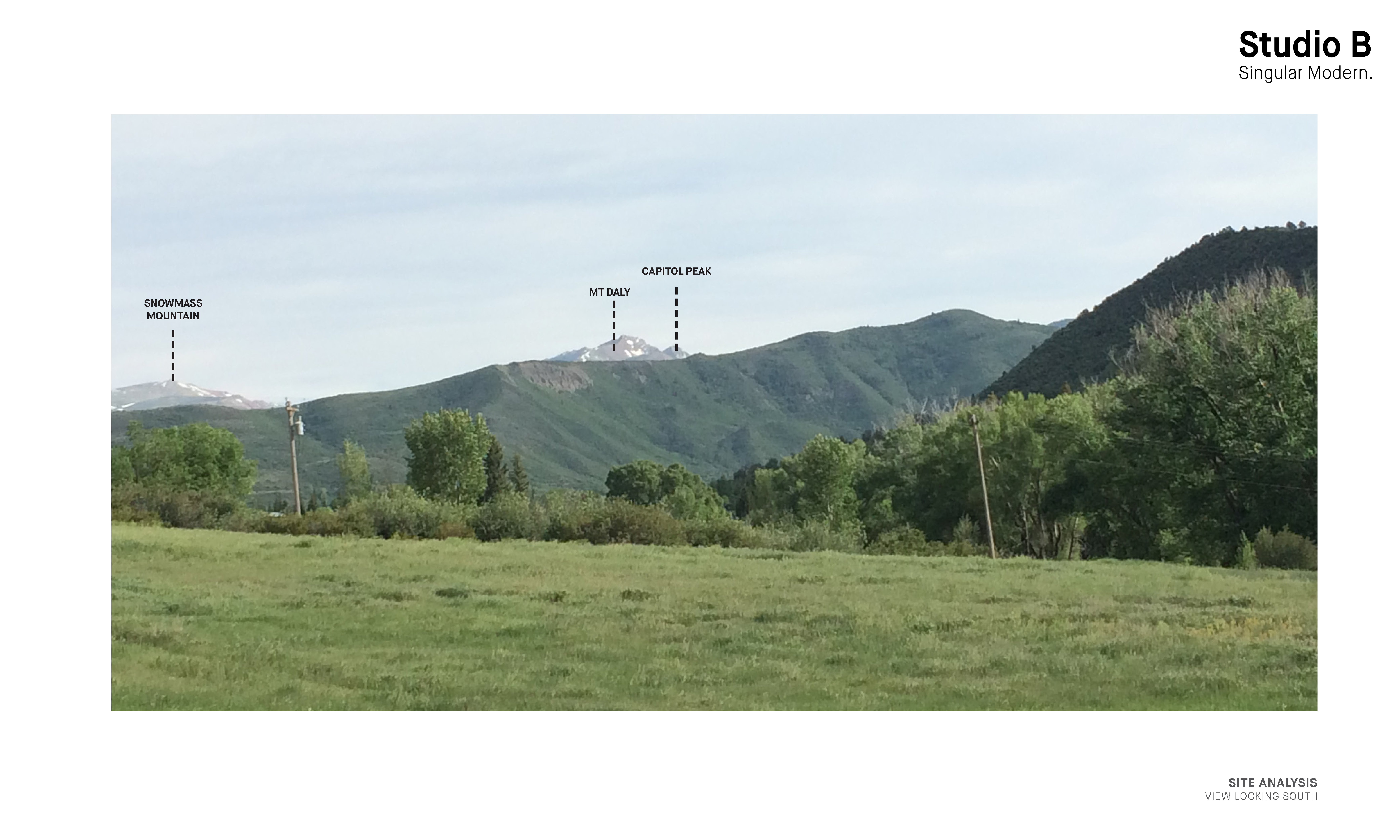 View analysis from Snowmass Creek site identifying sightlines toward Capitol Peak, Mount Daly, and surrounding mountain ranges.