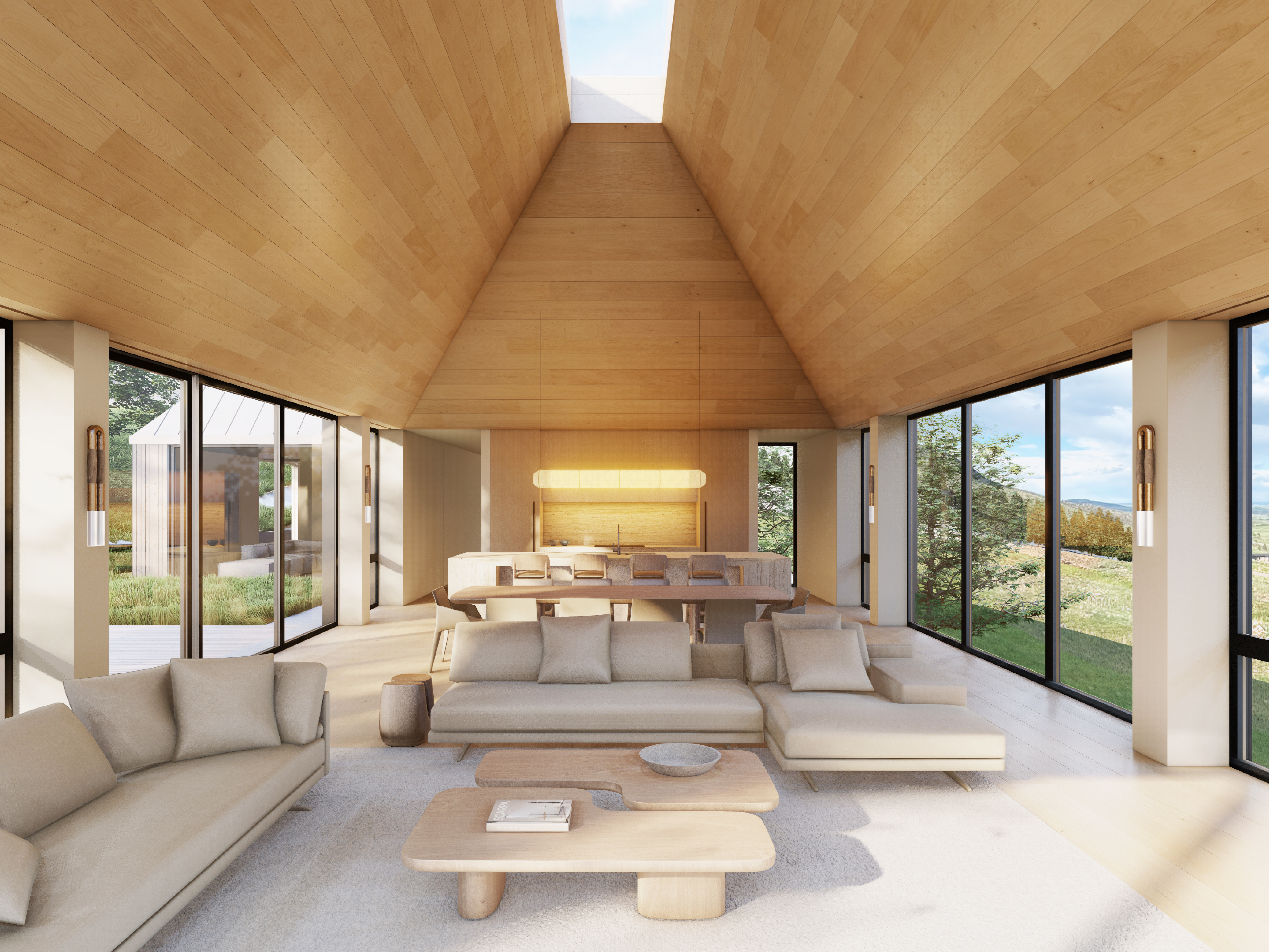 Rendered modern living room with soft natural light and minimal material palette