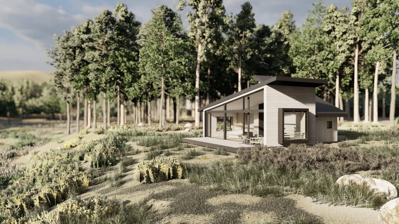a modern, tranquil family haven with four distinct structures rooted in vernacular architecture. Each building has its own personality but shares a common exterior material palette, blending seamlessly into a serene pine forest