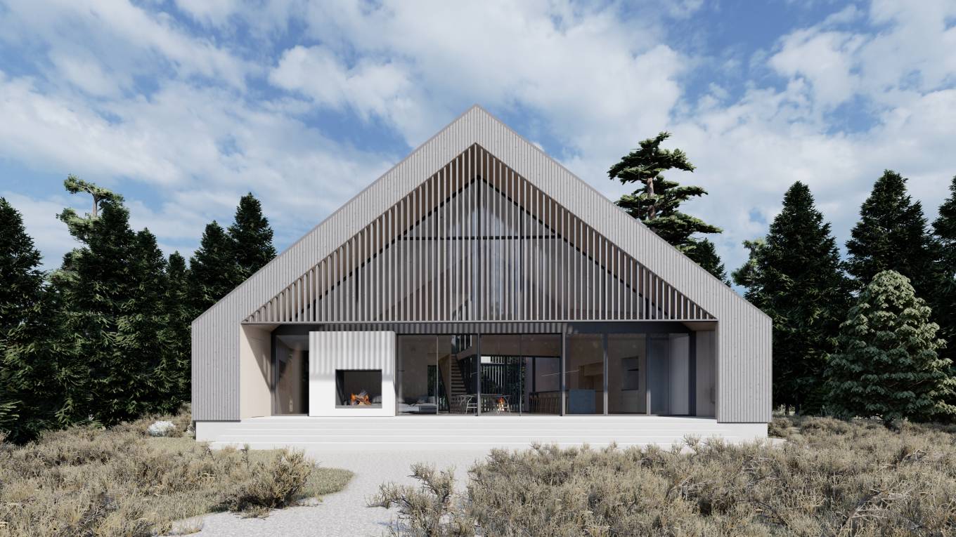 a modern, tranquil family haven with four distinct structures rooted in vernacular architecture. Each building has its own personality but shares a common exterior material palette, blending seamlessly into a serene pine forest